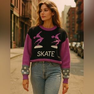 Vintage knit Skate Graphic Sweater Black and Purple polka dot made in Canada